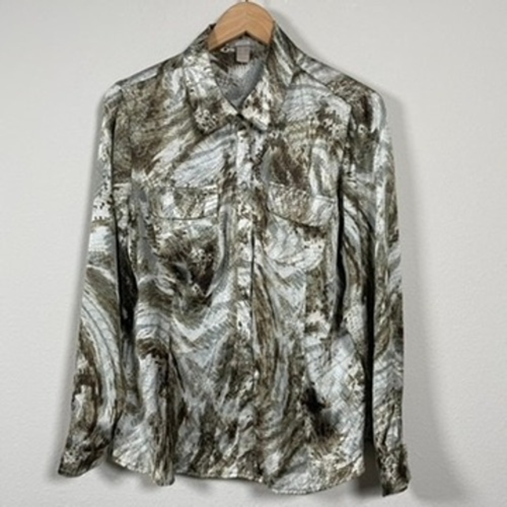 Chico's Button Down Blouse Womens 2 L Brown Earthtone Snakeskin Mob Wife Pocket